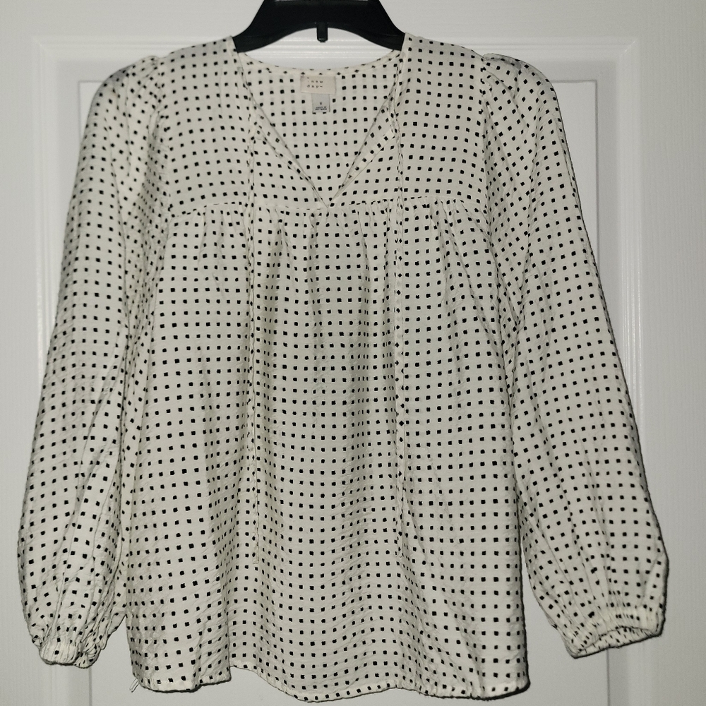 A New Day White Small VNeck Peasant Blouse with Black box print